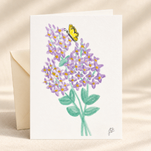 Lilac and Butterfly watercolor greeting card with an ivory envelope on a clean ivory background
