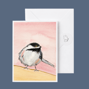 Blush and Branch watercolor bird greeting card on a pink background, shown with its envelope and butterfly seal.