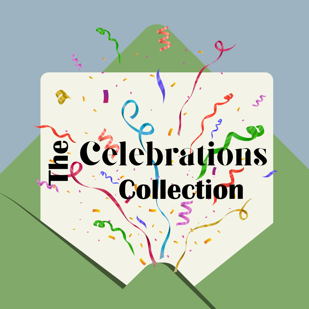 The Celebrations Collection — confetti and ribbons emerging from a green envelope