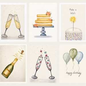 The six Celebrations watercolor greeting card designs arranged together.