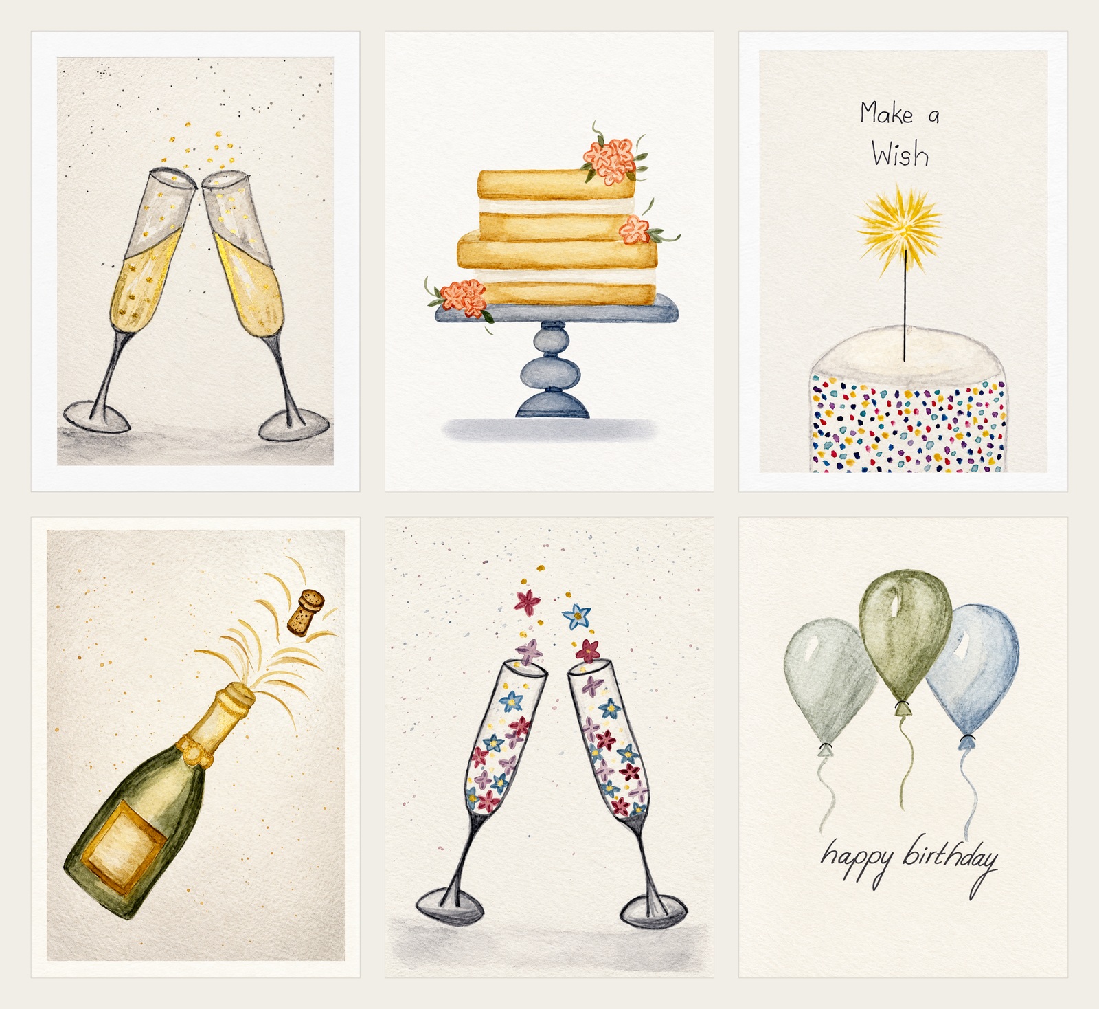 The six Celebrations watercolor greeting card designs arranged together.