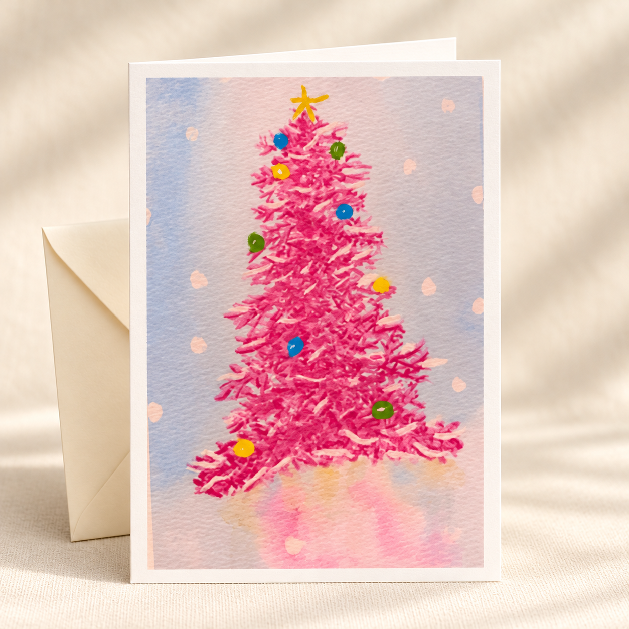 Pink Tree watercolor greeting card with an ivory envelope on a clean ivory background