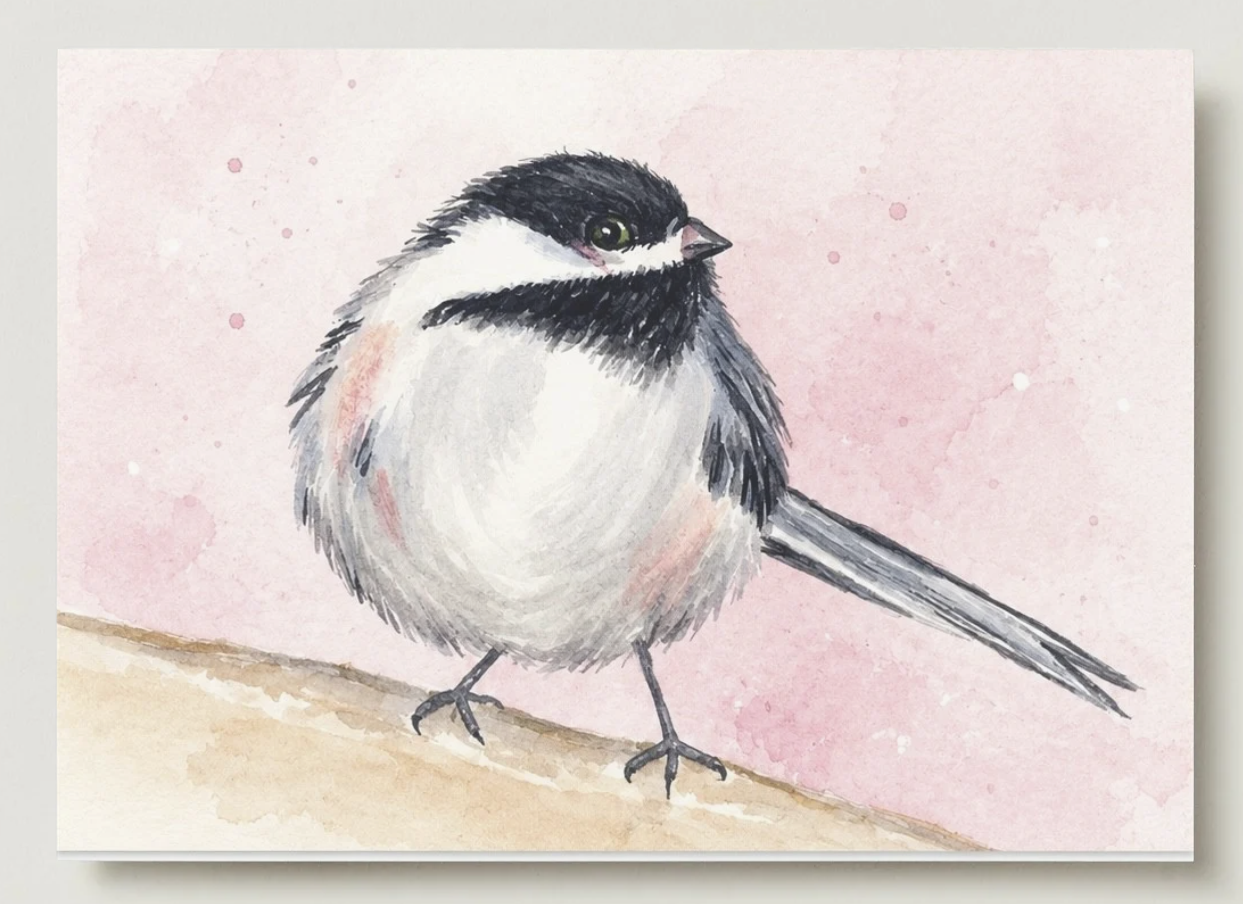 Black-and-white watercolor bird on a golden branch against a soft pink background