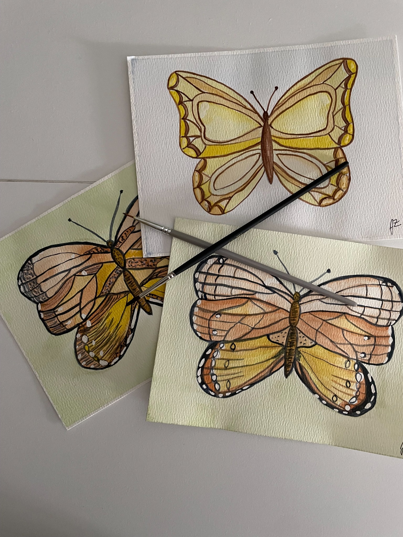 Three of Jane Zimmer’s watercolor butterfly studies on textured paper with paintbrushes resting across the artwork