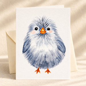 Little Blue watercolor greeting card with an ivory envelope on a clean ivory background